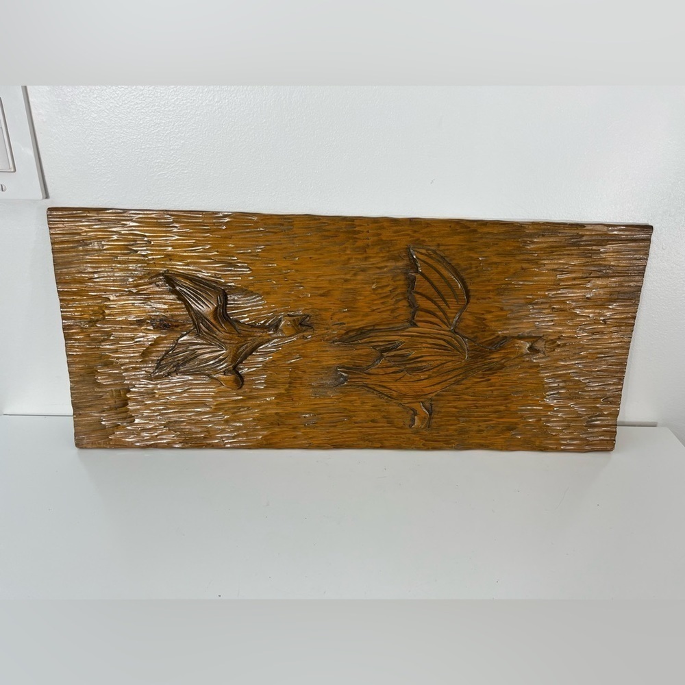 Beautiful Hand Carved Wooden Wall Hanging Geese Birds MCM 70s Art Vintage Wood